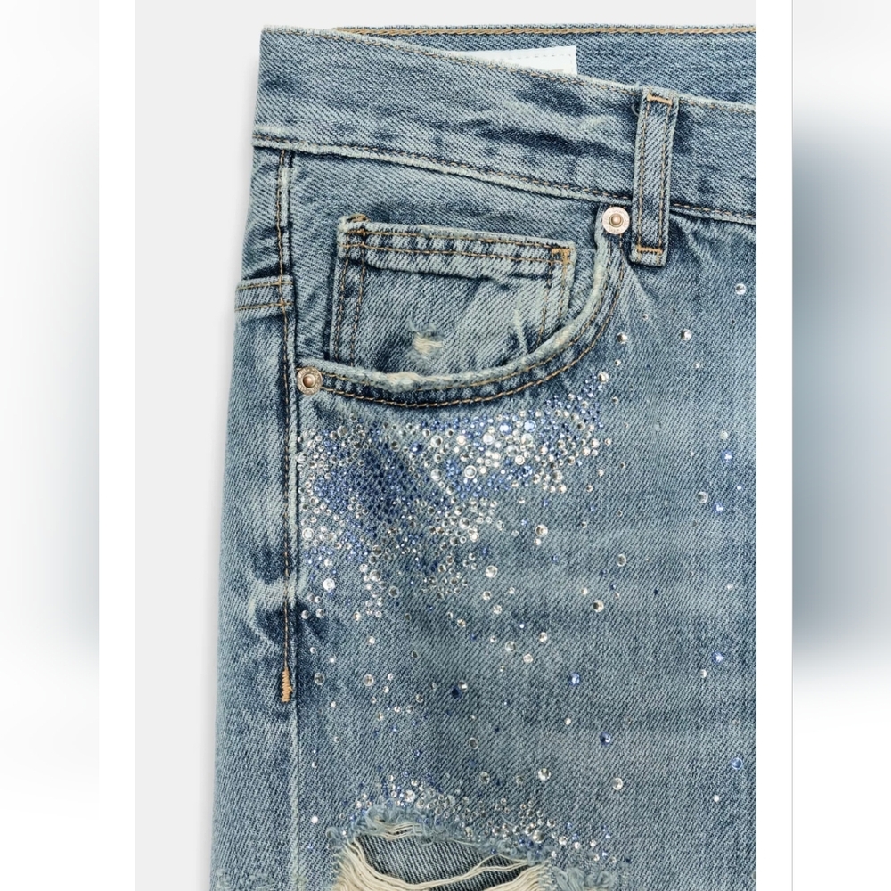 ZARA TRF RIPPED WIDE LEG RHINESTONE JEANS - Picture 3 of 3